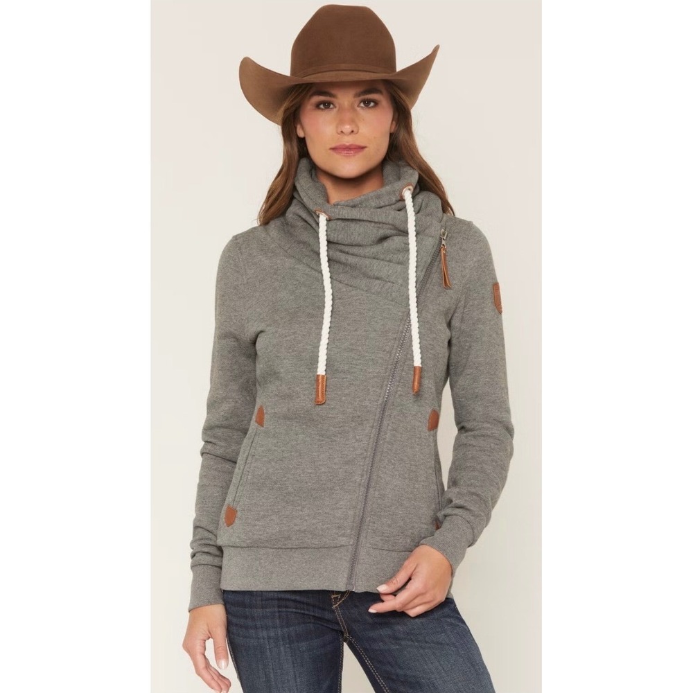 Wanakome Hestia Hoodie Women M Brown Asymmetrical Zip Cowl Neck Rope Pullover